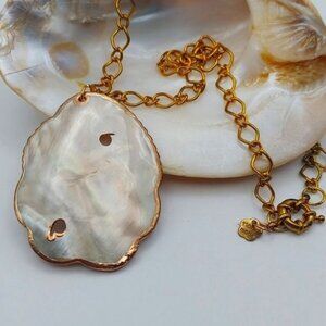 Mother of Pearl Blister 24k Liquid Gold Trim 14k Gold Plated Handmade Necklace